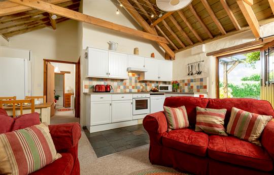 High raftered roof with mellow exposed beams