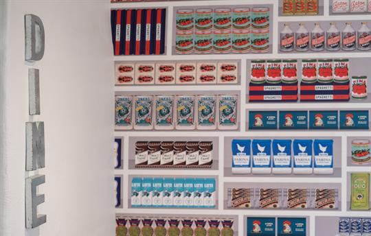 Fun kitchen wallpaper in Jack's Barn