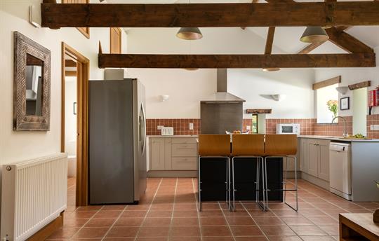 Corn Barn kitchen with beams