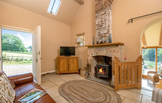 Sitting area with woodburning stove and smart tv