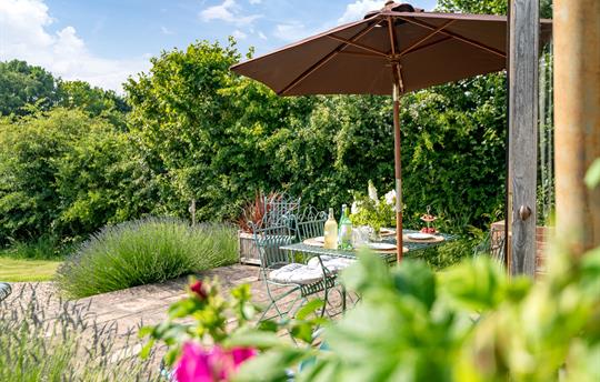 Terrace with outdoor furniture and parasol