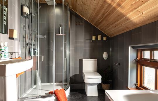 Bathroom with bath and rainwater shower