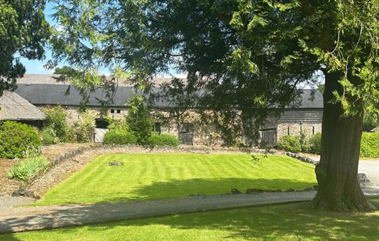 Sunny lawn and views towards outbuilding