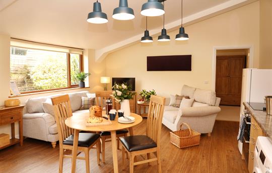 Open plan sitting room with dining area & kitchen
