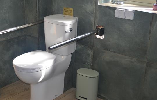 Comfort height toilet with two grab rails