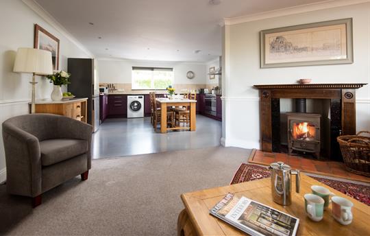 Huge living room with woodburning stove