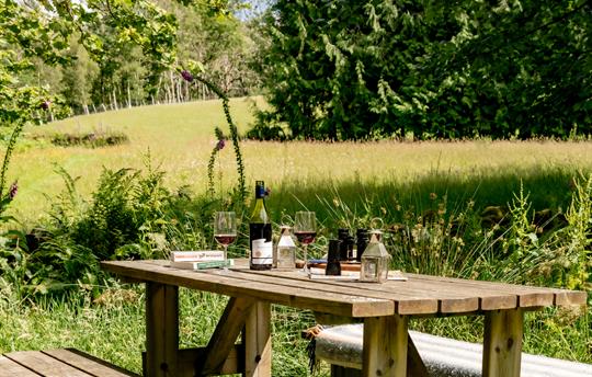 Picnic table by the stream at Gwanas Fawr