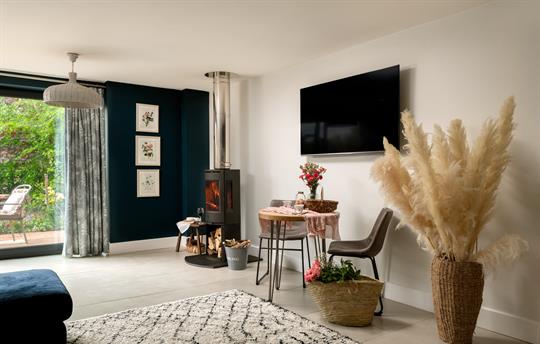 Open Plan living room with wood burning stove