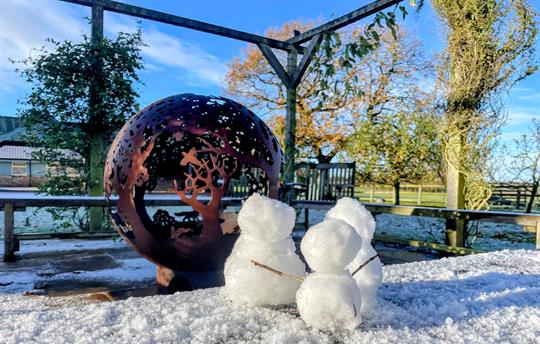 Sunny winters day - snowmen by the fireball